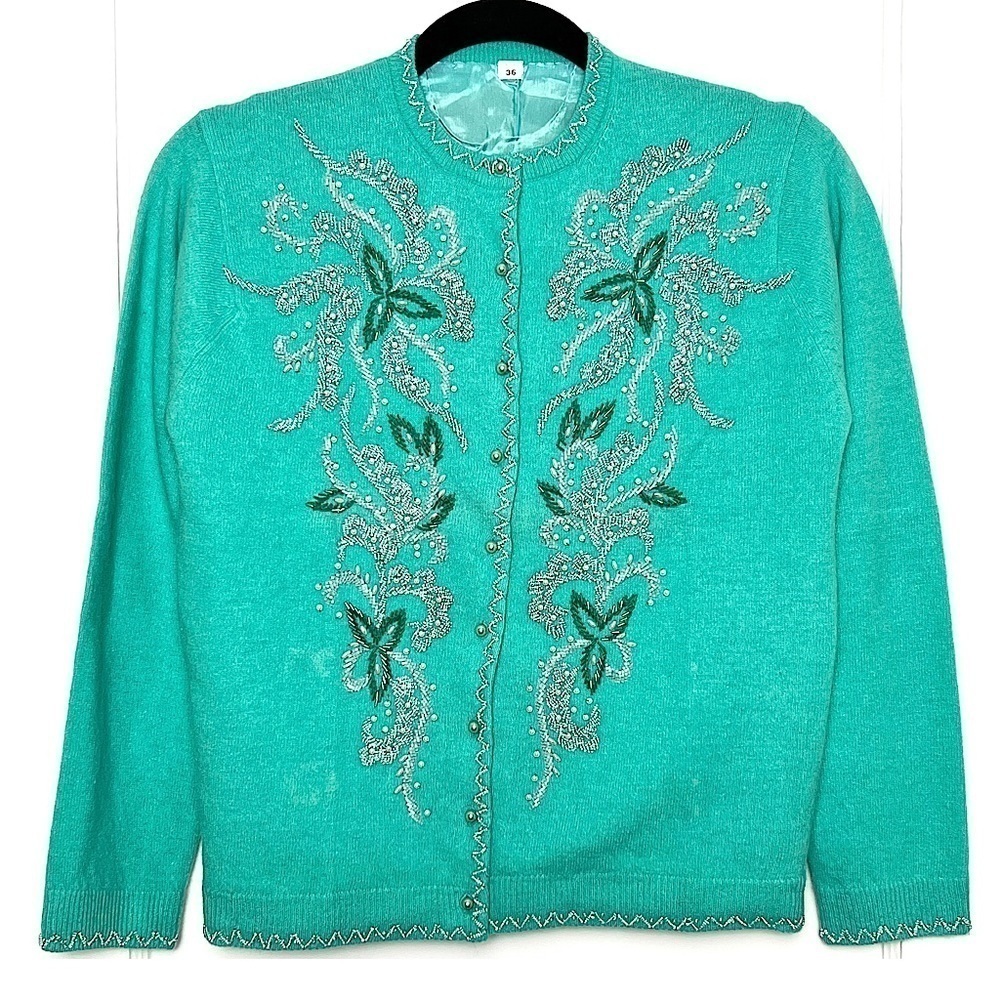 VINTAGE 1950s Tiffany Blue Wool Floral Beaded Faux Pearl Aqua Cardigan Sweater S